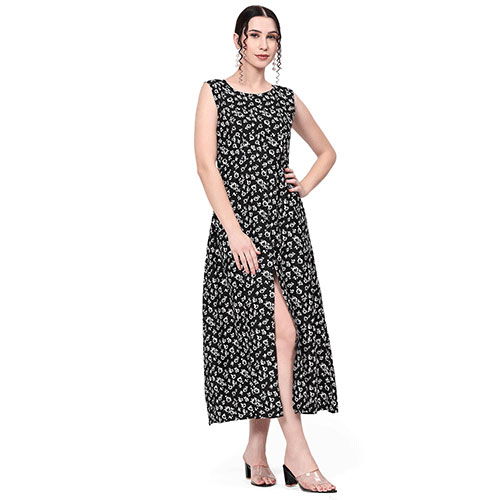Crepe, long dress,Black, Floral Design