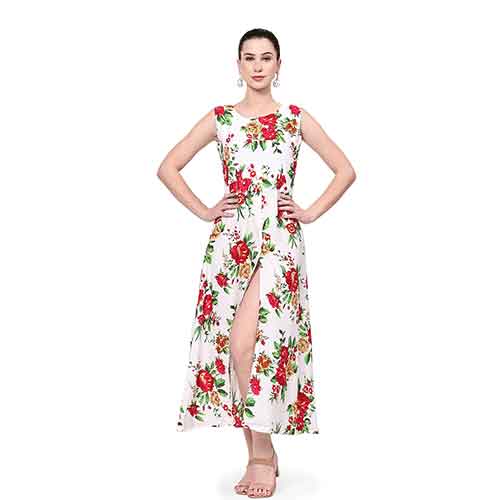 Crepe, long dress, White Floral Design