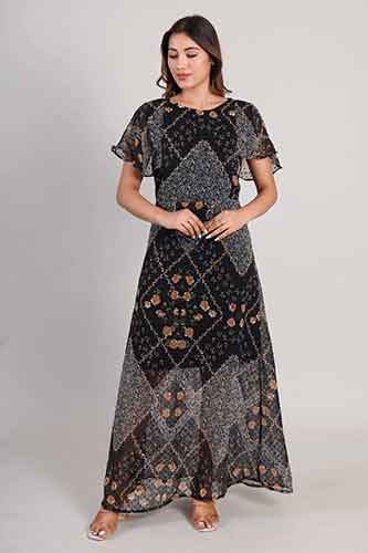 georgette, long dress, Black